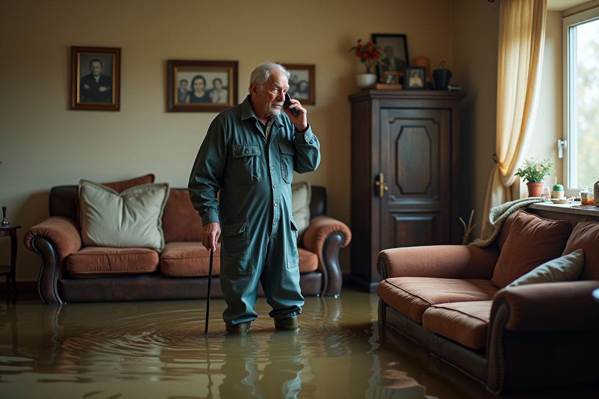 Homme en vêtements de travail dans maison inondée avec téléphone