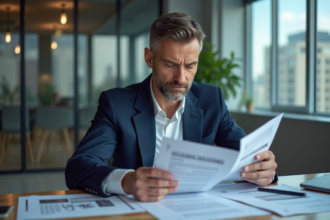 Homme en costume bleu examinant des documents d'investissement immobilier