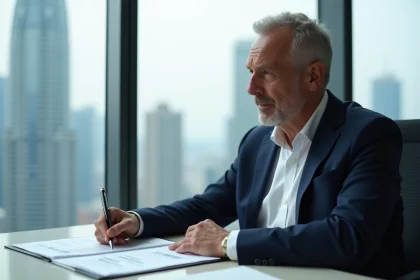 Homme en costume regardant des documents d'investissement immobilier