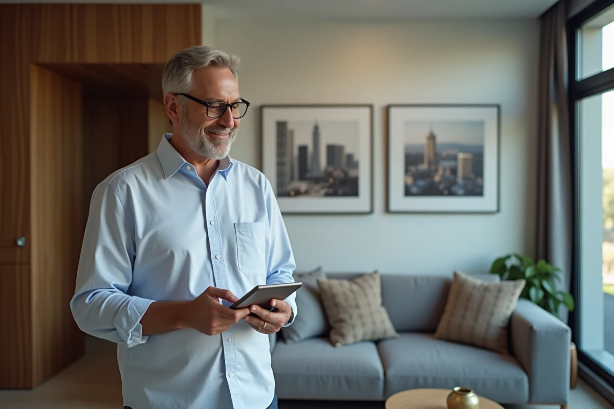 Homme consulte demandes de location dans un salon moderne