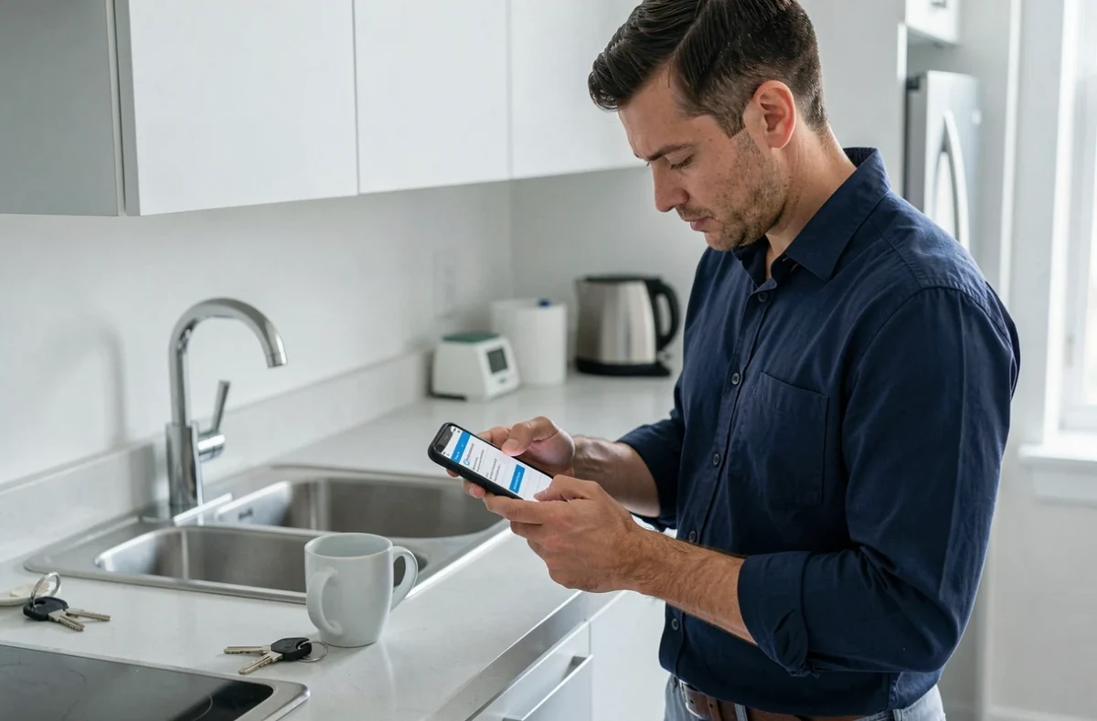 Homme locataire utilisant son smartphone pour souscrire une assurance habitation en ligne dans sa cuisine