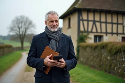 Homme d'âge moyen dans une campagne normande avec ferme ancienne