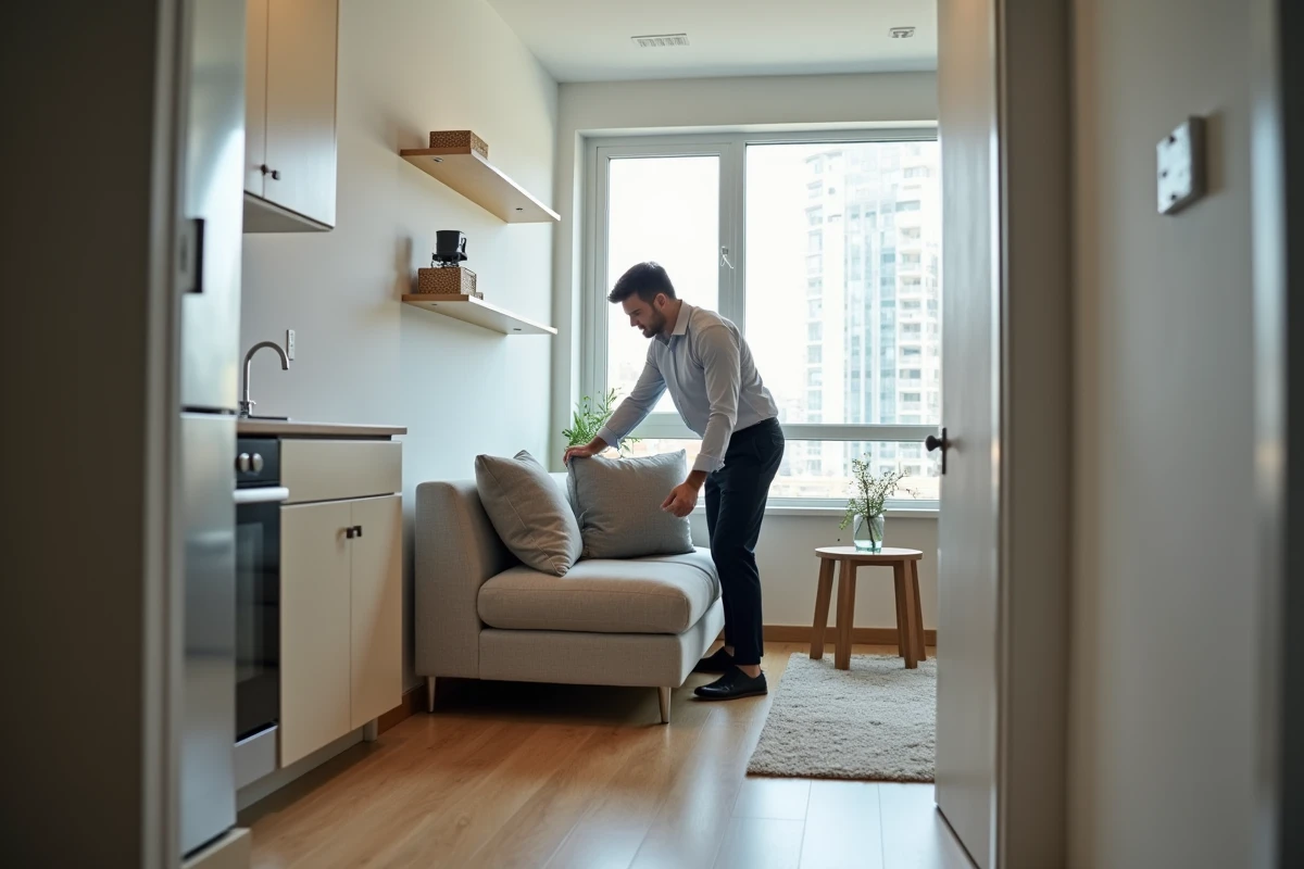 Homme arrangeant des coussins dans un studio lumineux et moderne
