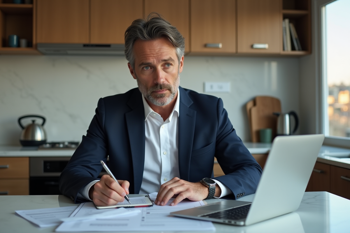 Homme concentré en blazer navy et chemise blanche