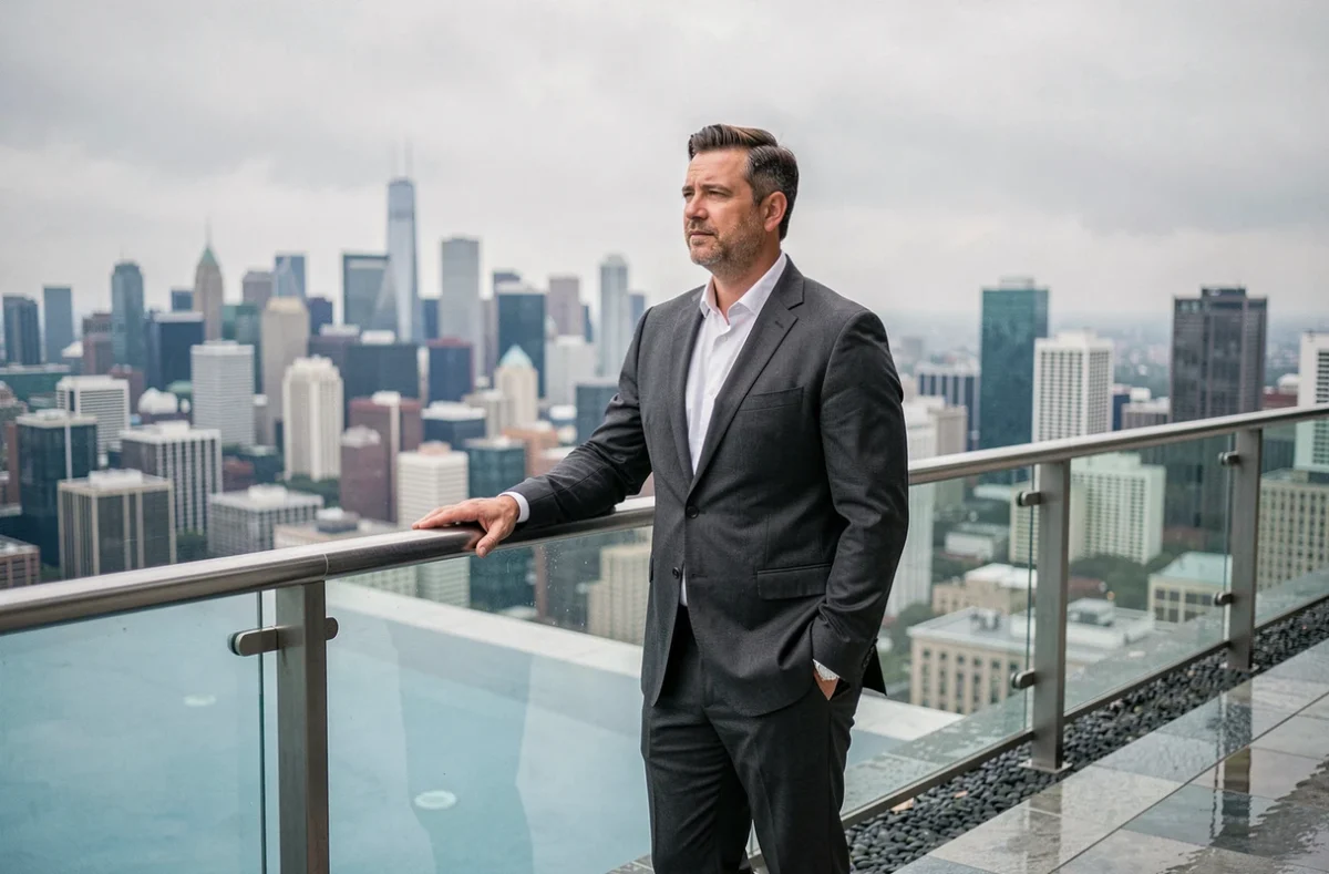 Homme en costume sur le rooftop d'un penthouse avec piscine et vue sur la skyline urbaine, ambiance luxe et exclusivité