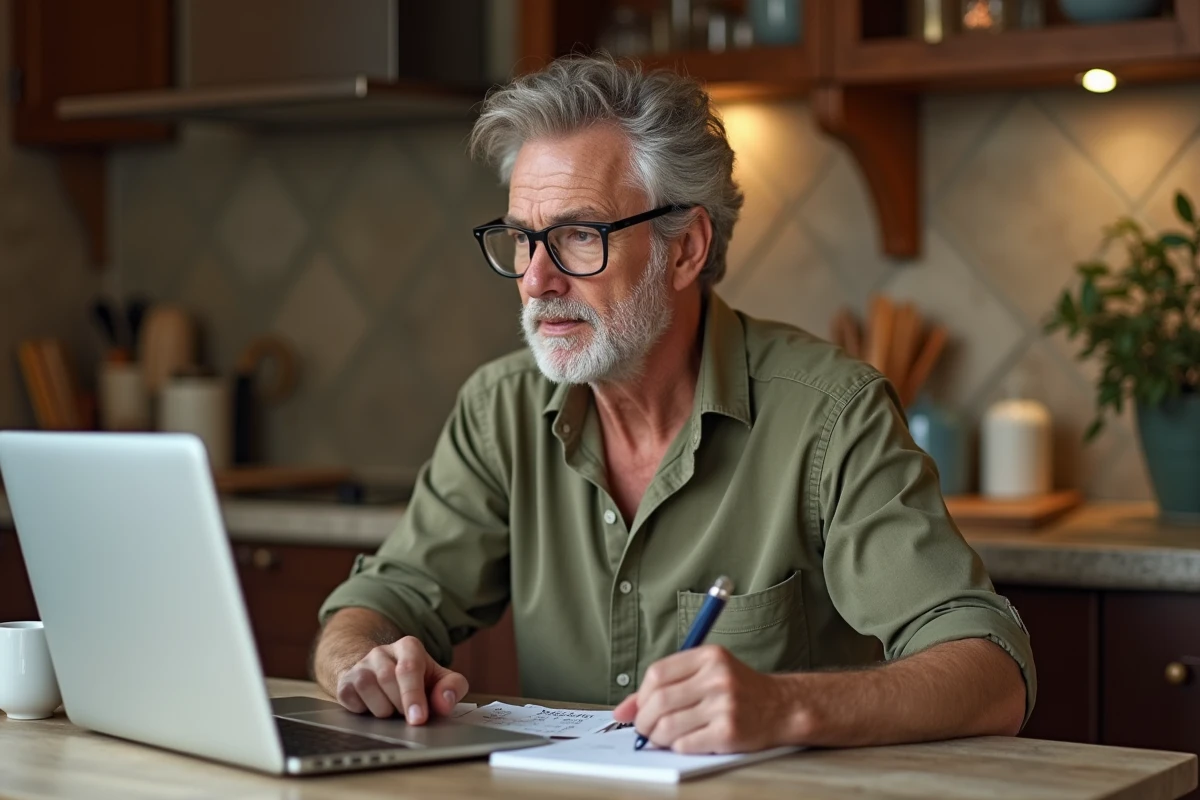 Homme recherchant des alternatives de taux immobilier sur son ordinateur portable dans une cuisine