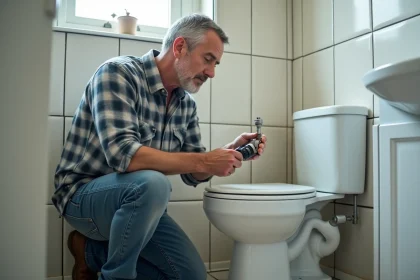 Homme d'âge moyen examine un flotteur de toilette dans la salle de bain