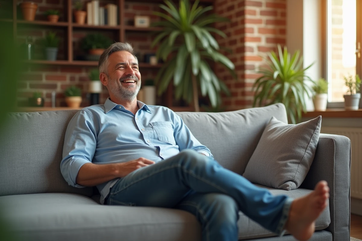 Homme souriant relaxant sur canapé convertible dans un appartement lumineux
