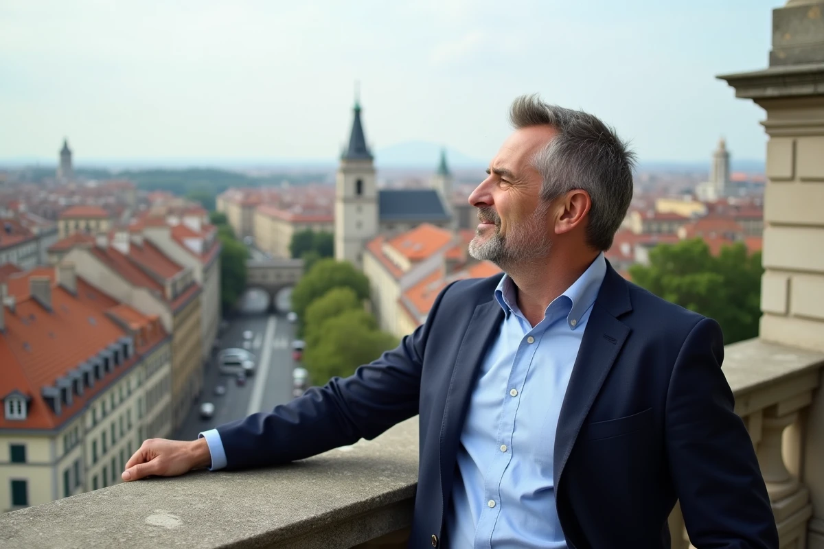 Homme d affaires regardant la ville de Lyon depuis un balcon