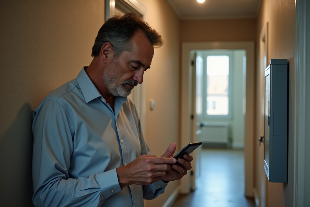 Homme lisant un compteur électrique dans un couloir d