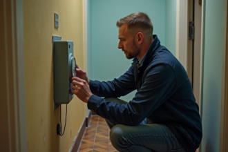 Homme d'âge moyen coupant l'électricité dans un couloir d'appartement