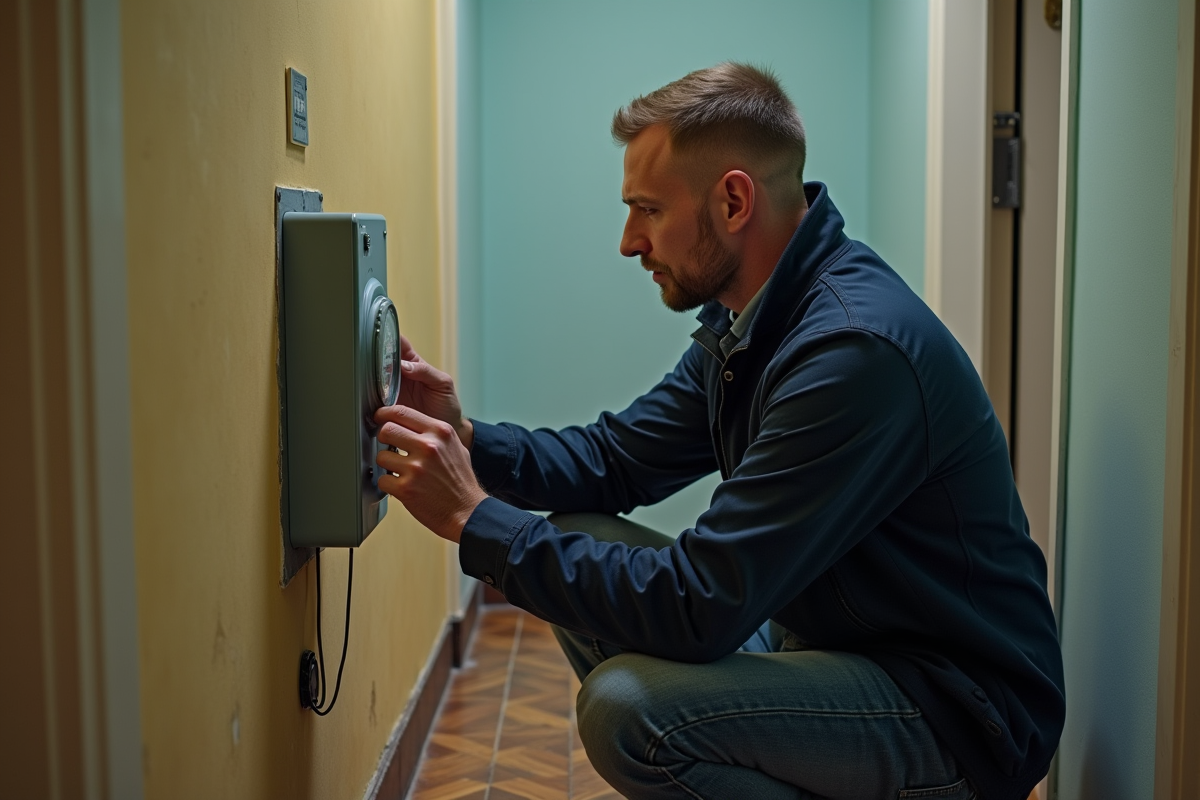 Homme d'âge moyen coupant l'électricité dans un couloir d'appartement