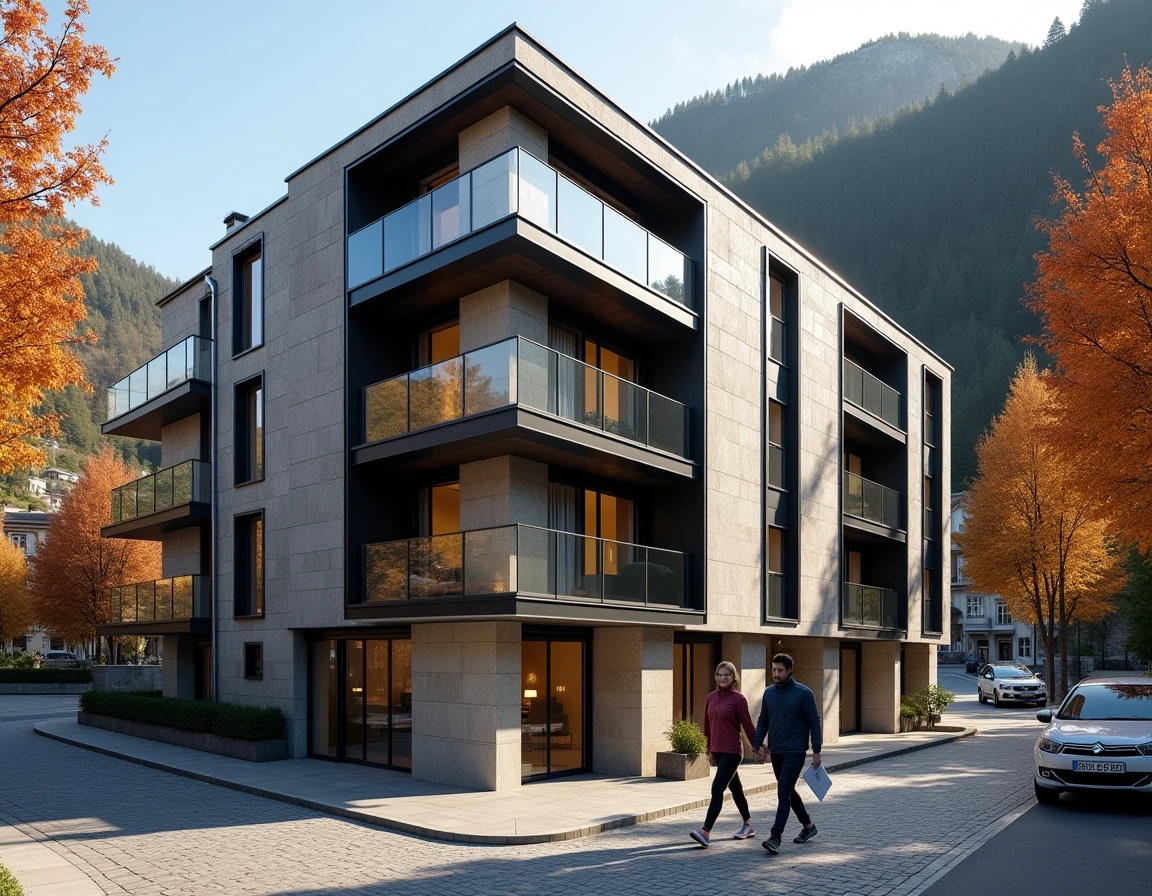 Immeuble résidentiel moderne à Andorre-la-Vieille avec des frontaliers en visite d'appartement dans une rue de montagne
