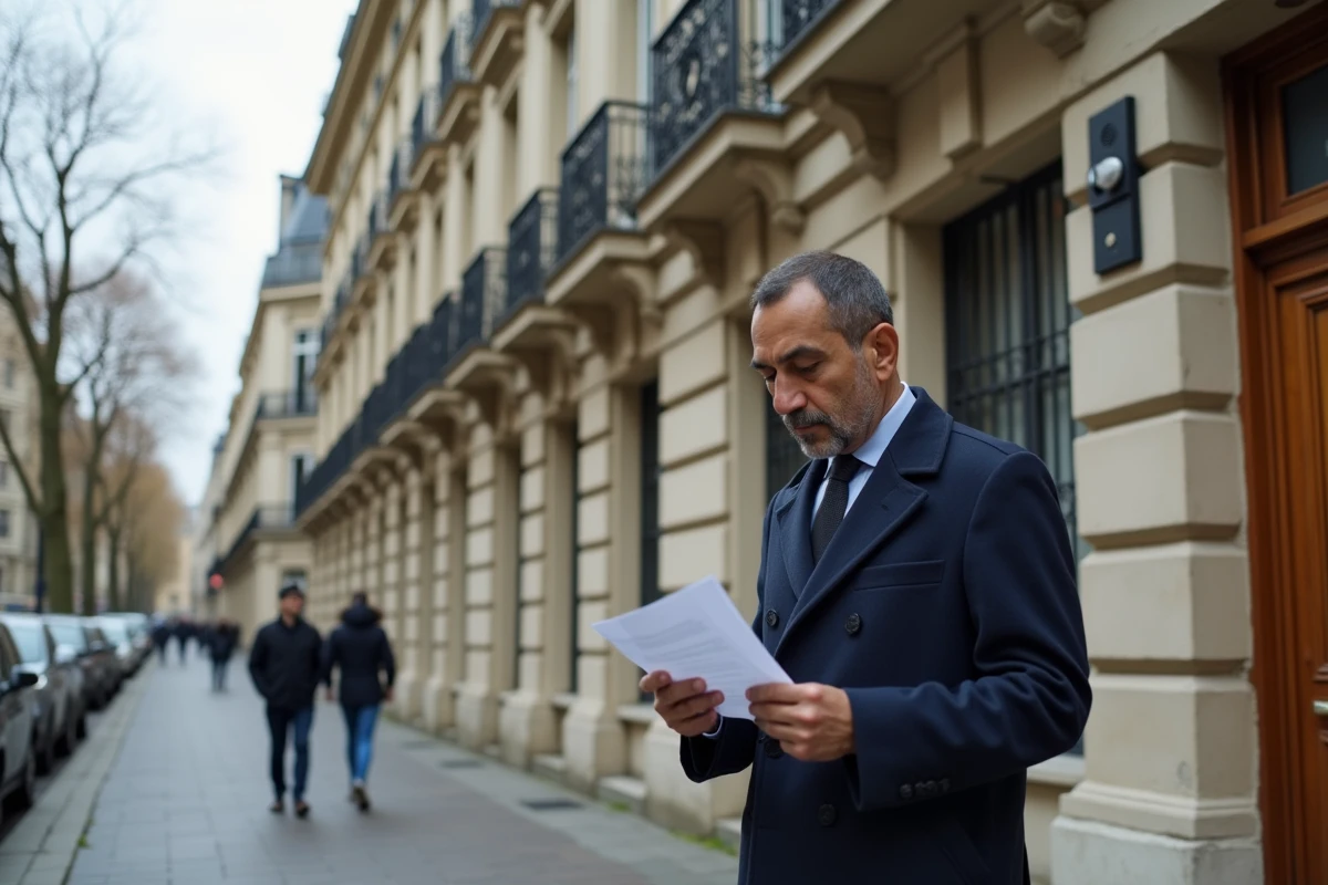 Homme consultant des documents devant un immeuble haussmannien de logement social à Paris