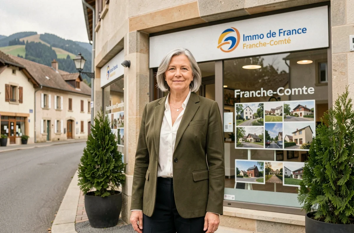Directrice d'agence Immo de France Franche-Comté devant la vitrine de l'agence avec les collines du Jura en arrière-plan