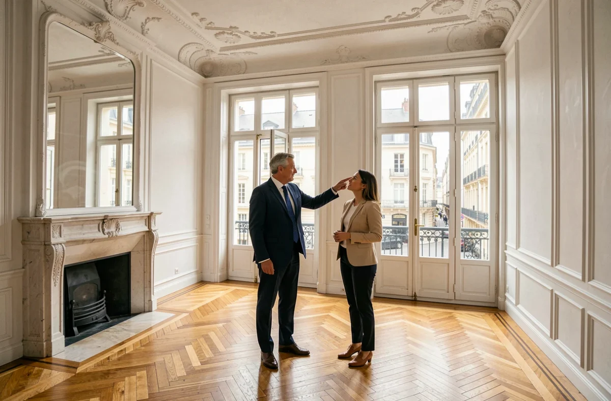 Agent Immobilier de France Nancy faisant visiter un appartement haussmannien avec couple