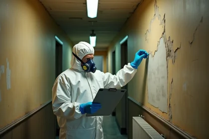 Inspecteur en combinaison de protection examinant un plafond amianté dans le couloir d'une copropriété ancienne