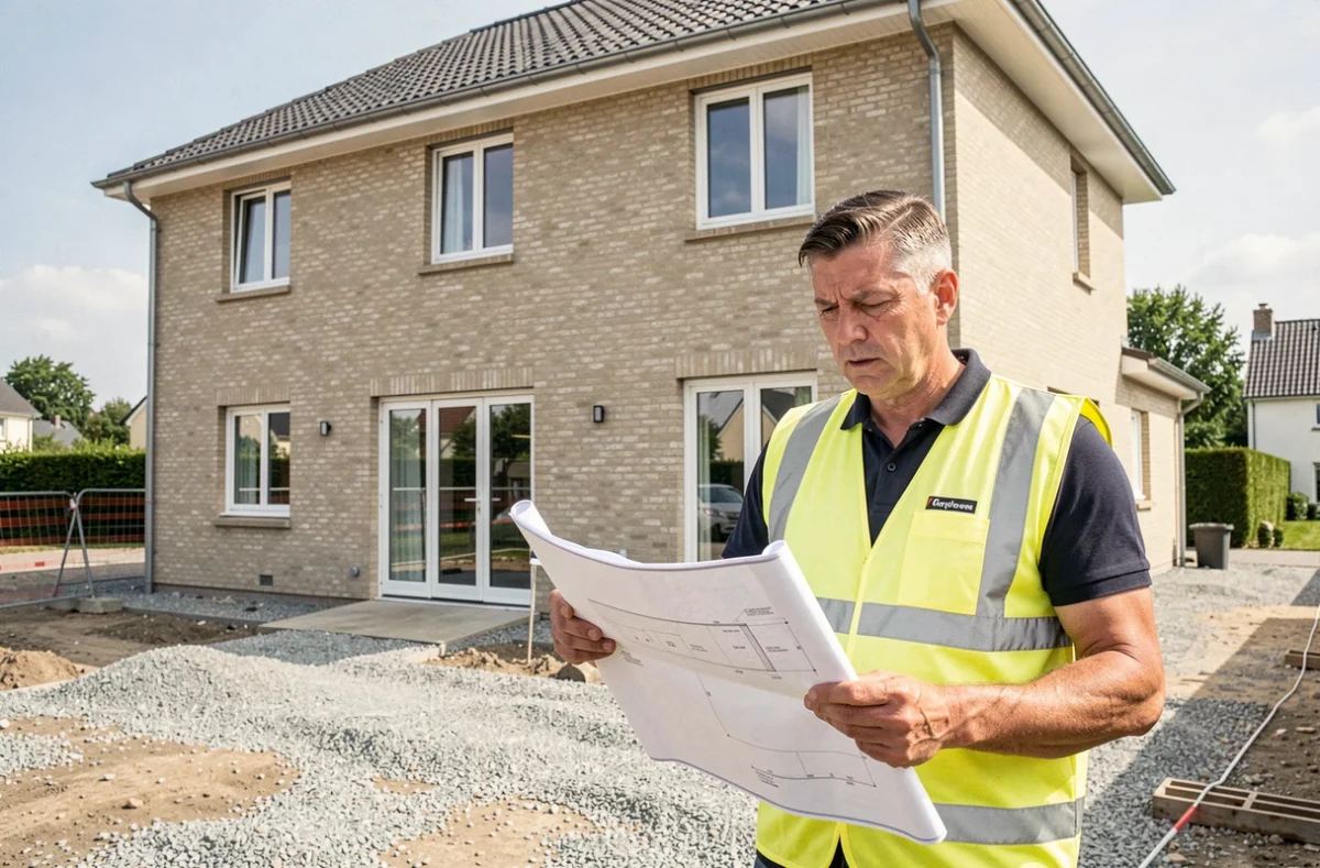 Inspecteur des travaux vérifiant la conformité d'une maison neuve lors de la déclaration de fin de chantier