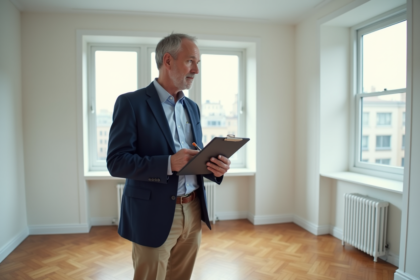 Homme en blazer navy inspectant un appartement vide