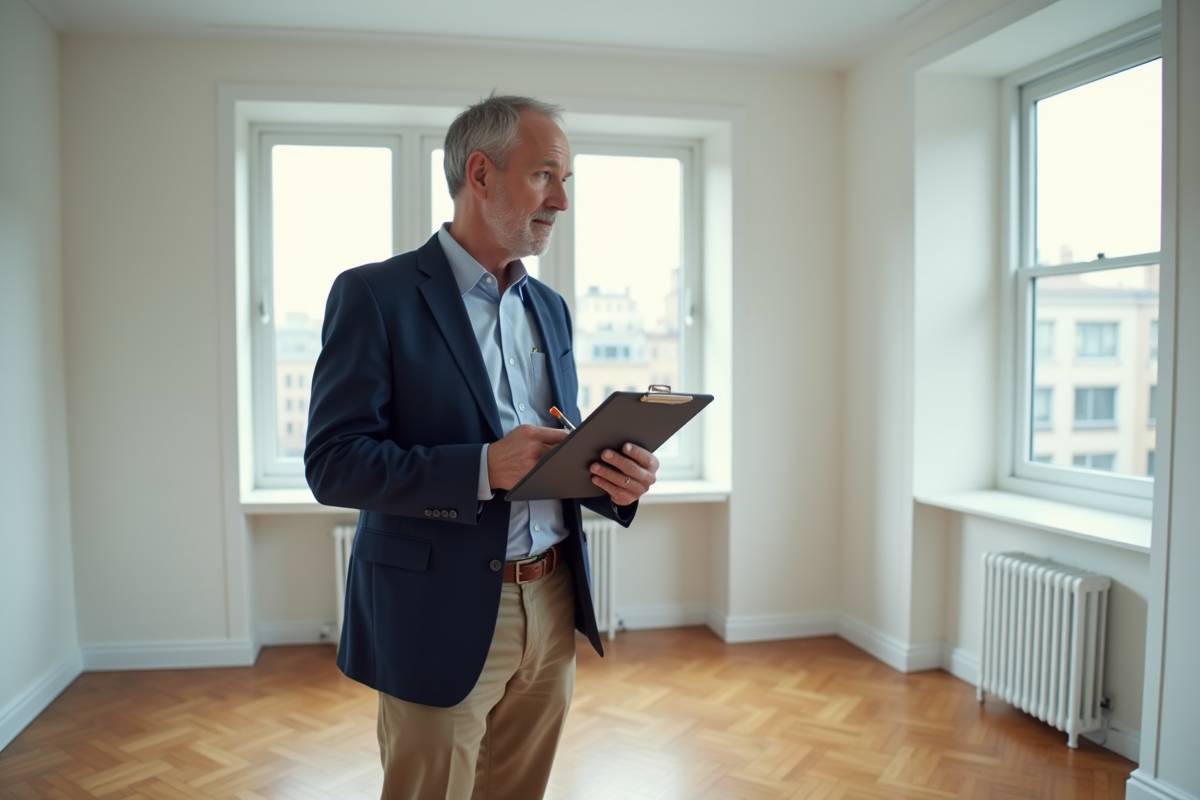 Homme en blazer navy inspectant un appartement vide