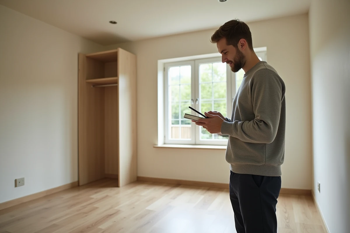 Homme inspectant une chambre vide dans une maison plain-pied en location avant la rentrée