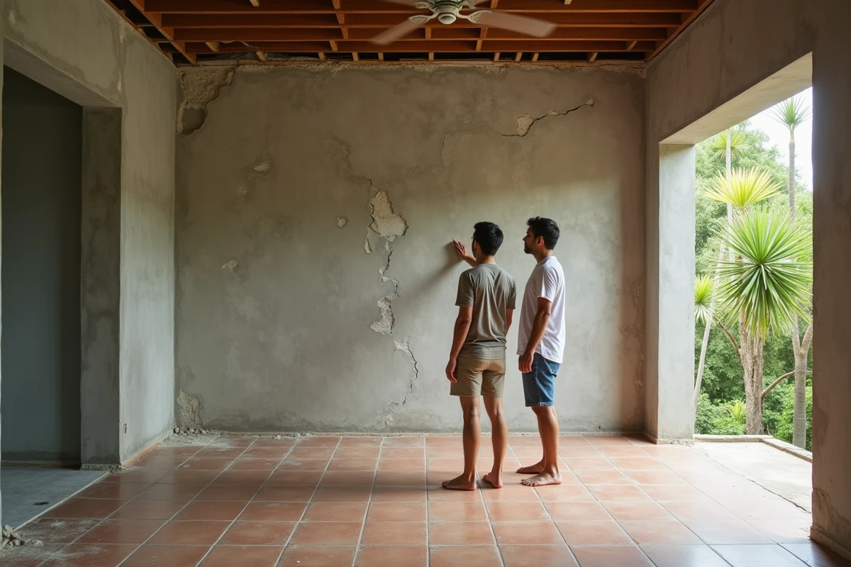 Couple inspectant des défauts structurels dans une villa à rénover à Koh Samui avant l'achat