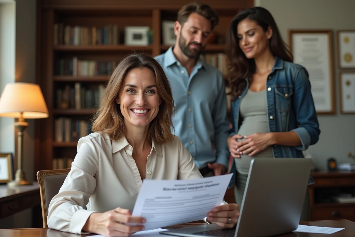 Femme souriante vérifie un dossier de location avec un couple