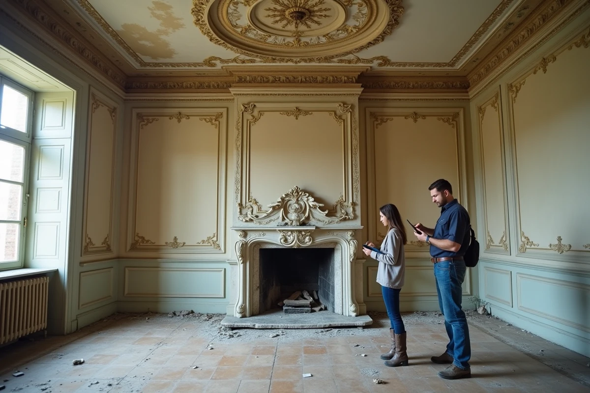 Couple inspectant l'intérieur délabré d'un château abandonné, examinant les moulures dorées décollées et le parquet gondolé autour d'une cheminée en marbre effondré