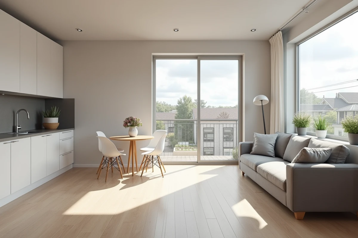 Intérieur moderne d'un appartement locatif vide, prêt à être loué, avec salon et cuisine ouverte