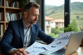 Homme d'affaires analysant des documents d'investissement immobilier sur les coteaux depuis son bureau à domicile