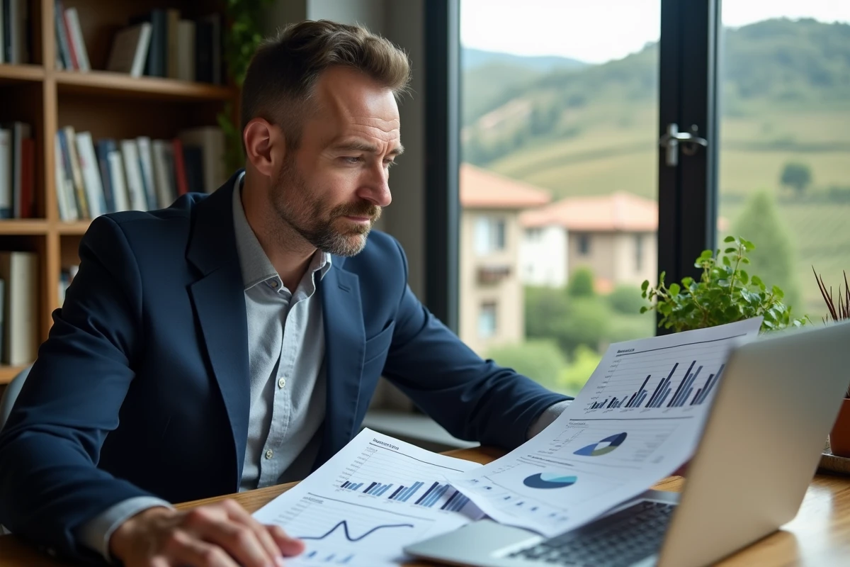 Homme d'affaires analysant des documents d'investissement immobilier sur les coteaux depuis son bureau à domicile