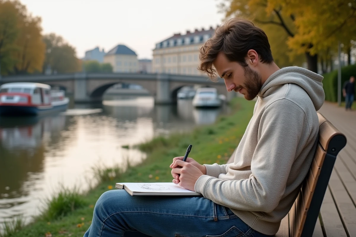 Jeune homme dessinant au bord de la Marne à NogentsurMarne