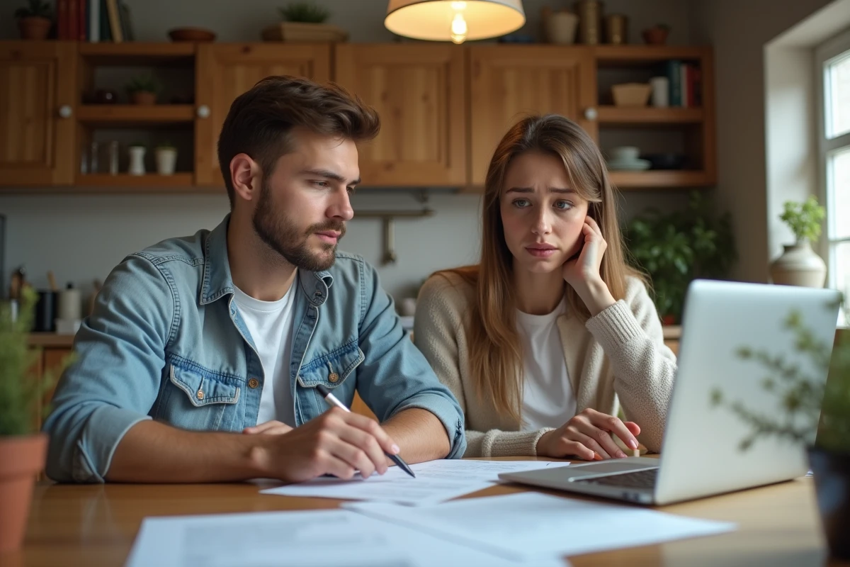 Un jeune couple examine un contrat à la maison lors d