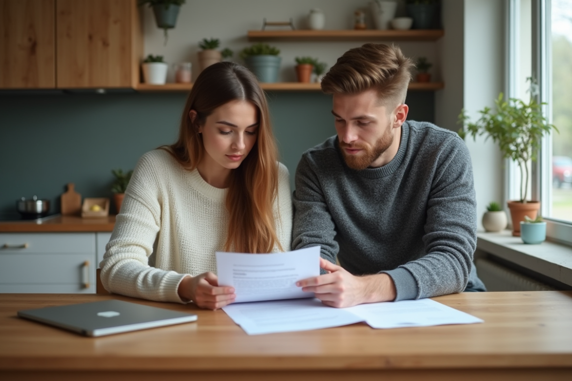 Jeune couple examinant un contrat de location dans un appartement moderne