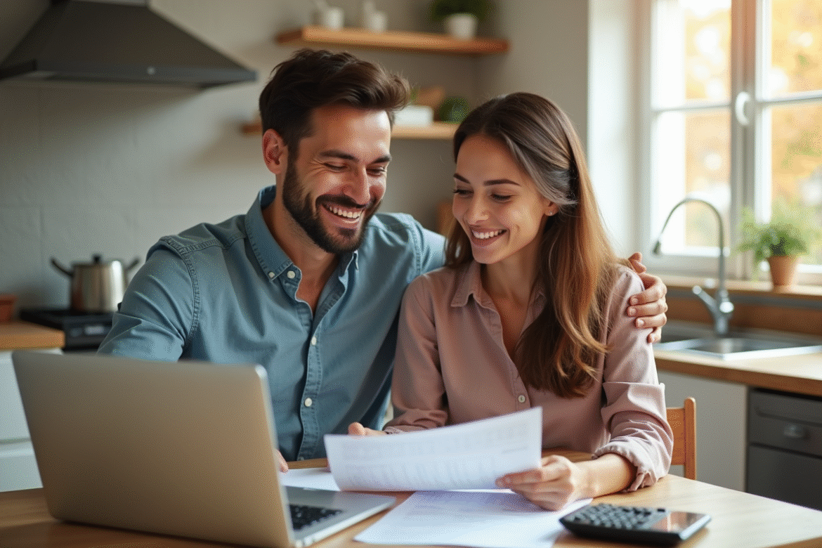 Jeune couple souriant à la maison pour un projet immobilier