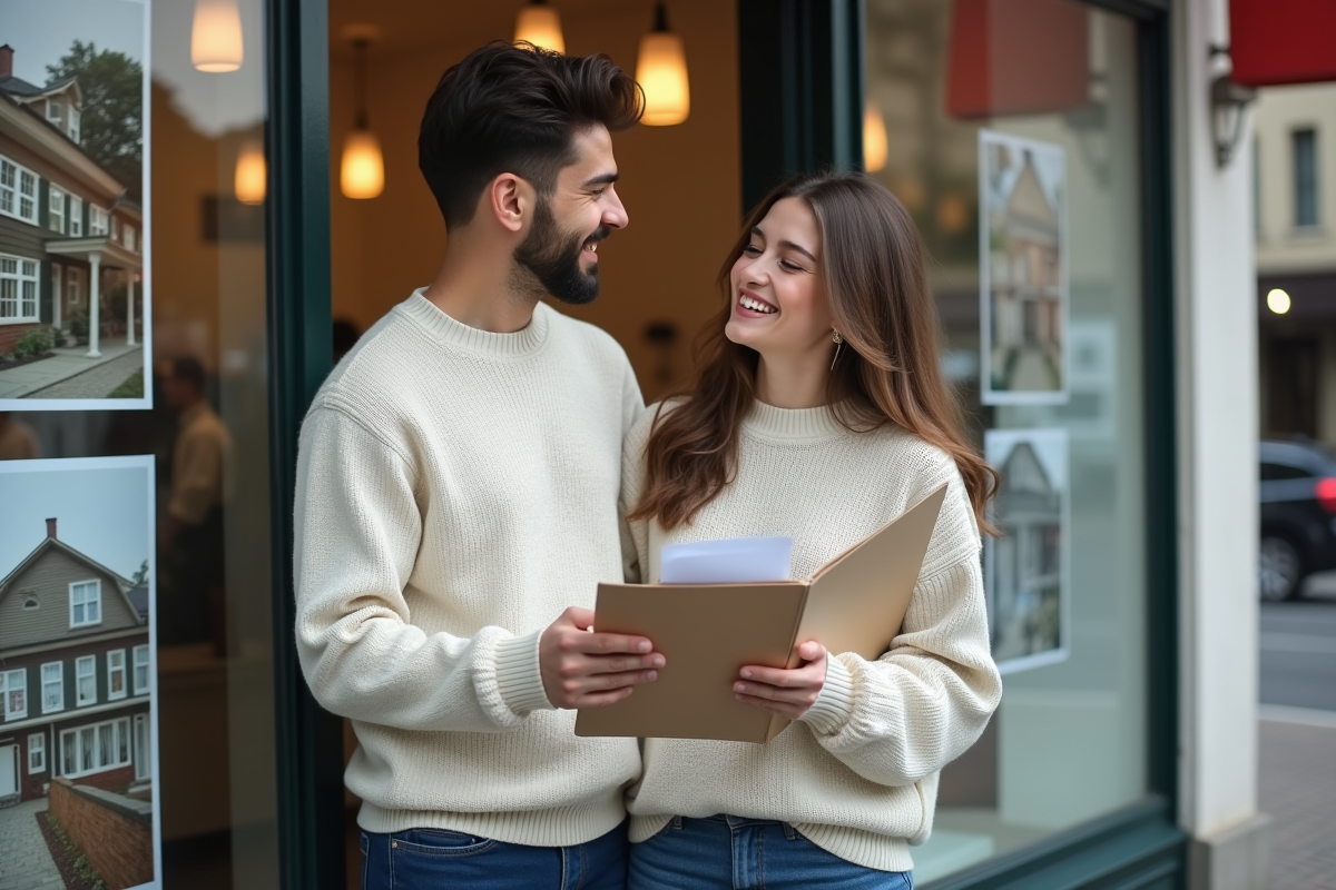Jeune couple souriant devant une agence immobiliere en ville
