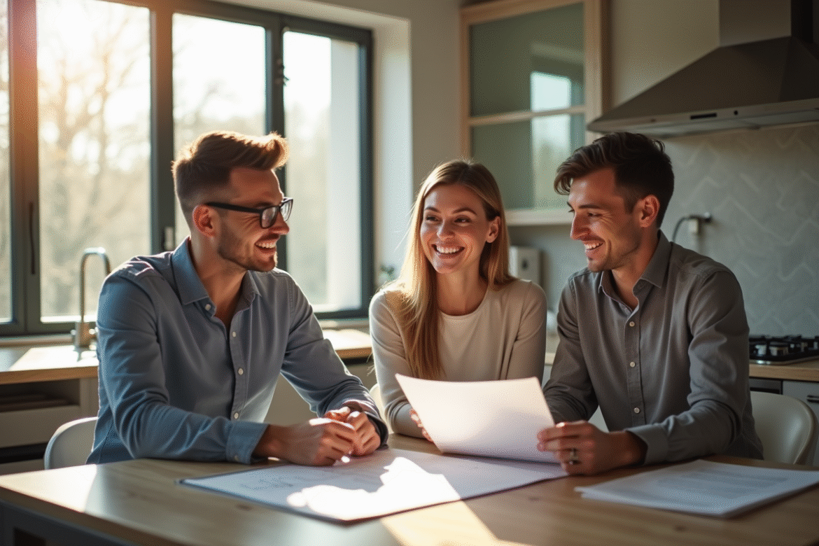 Jeune couple souriant avec agent immobilier dans une cuisine moderne