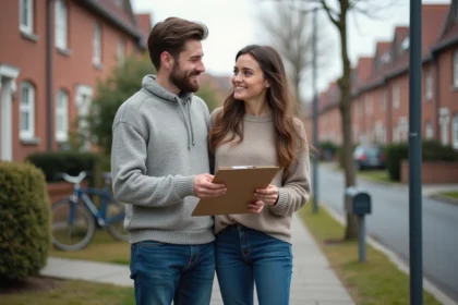 Jeune couple discutant de maisons dans un quartier résidentiel du Nord