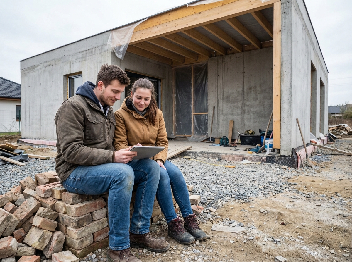 Jeune couple souriant devant leur maison en construction