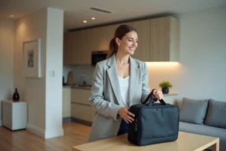 Jeune femme professionnelle dans un appartement moderne en train de déballer un ordinateur
