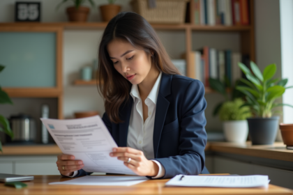 Jeune femme professionnelle vérifiant un certificat d'assurance logement