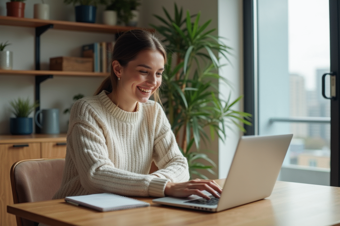 Jeune femme souriante utilisant un ordinateur pour rechercher un logement