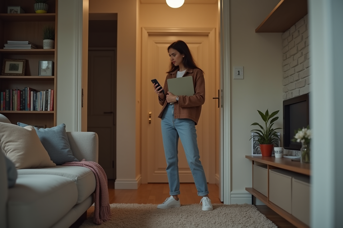 Jeune femme dans son salon cosy regardant vers la porte