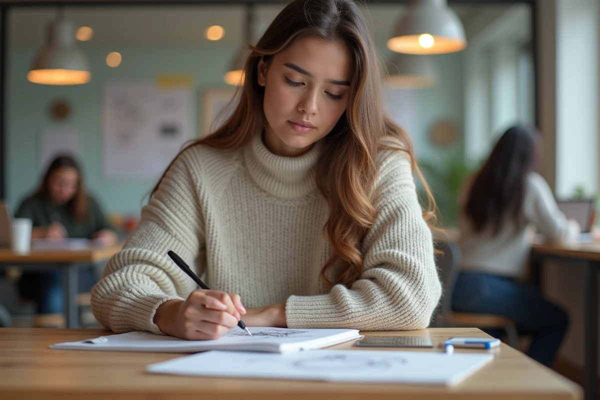 Jeune femme esquissant dans un espace de coworking moderne