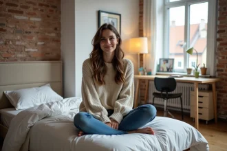 Jeune femme en sweater dans une chambre d'étudiant à Berlin