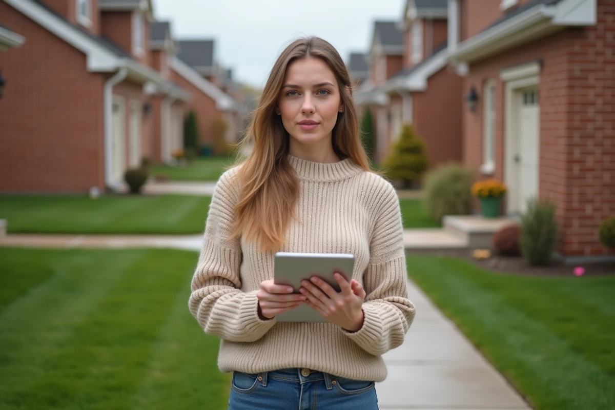 Jeune femme avec tablette devant une maison de banlieue