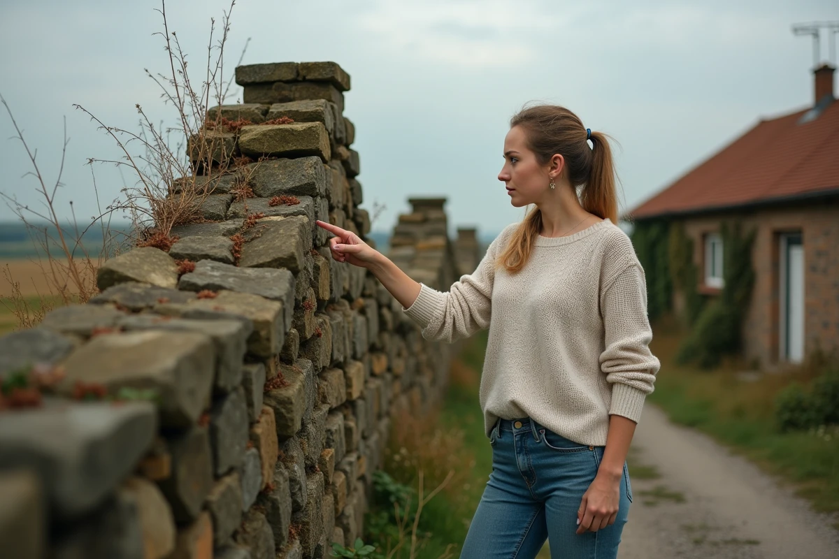 Jeune femme pointant un vieux mur en pierre envahi par la végétation