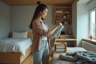 Jeune femme organisée dans un studio moderne avec bibliothèque