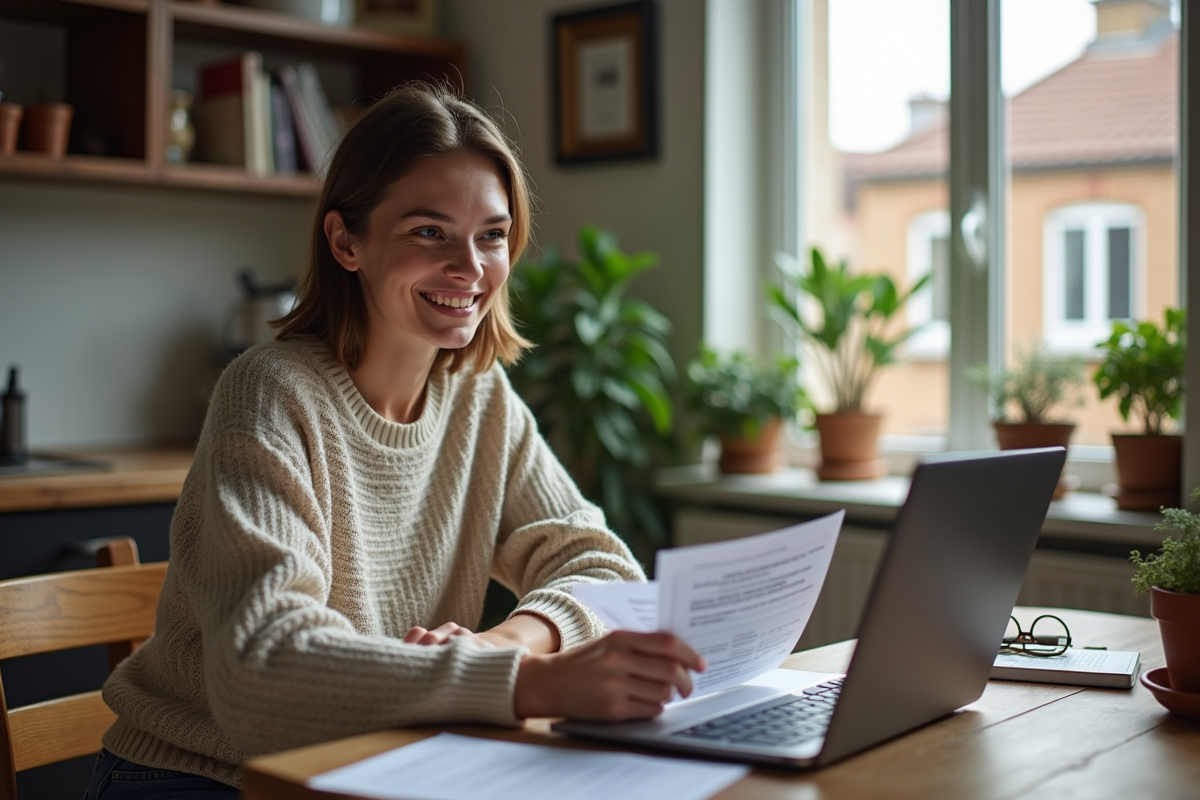 Jeune femme concentrée avec documents logement et ordinateur