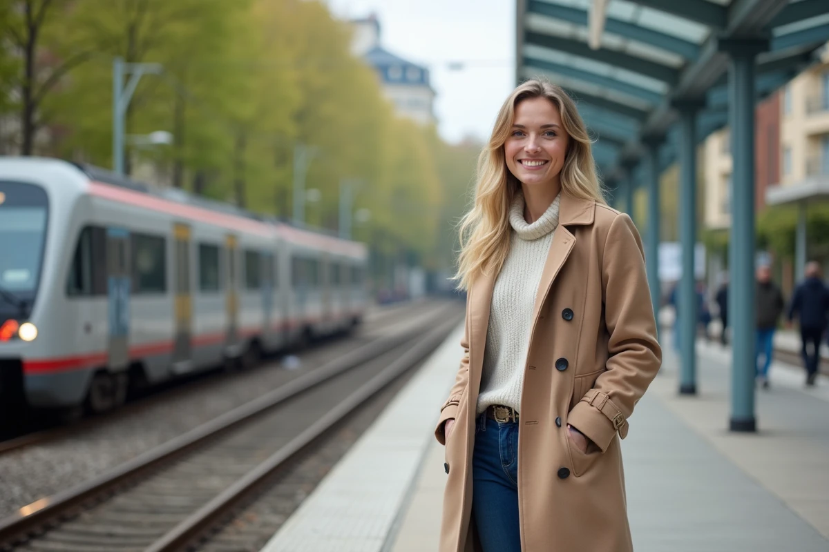 Jeune femme souriante en train de prendre le RER à la gare